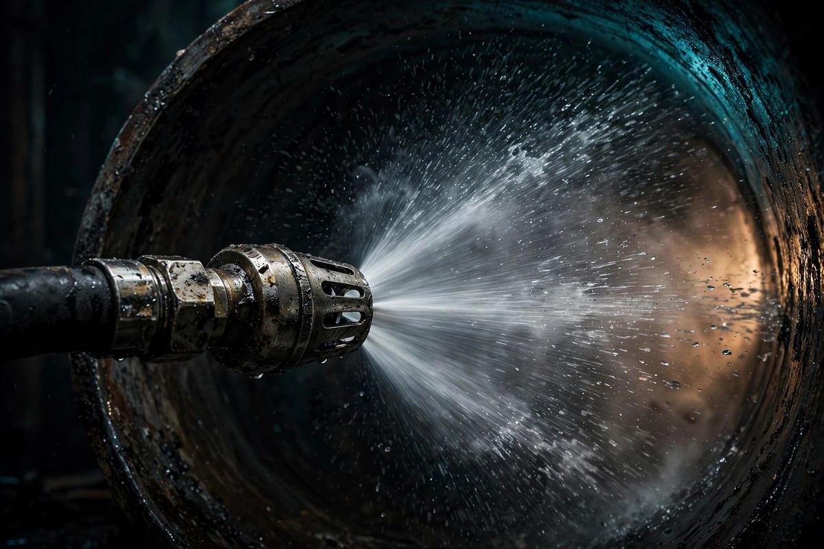 Hydro jetting nozzle spraying high-pressure water
